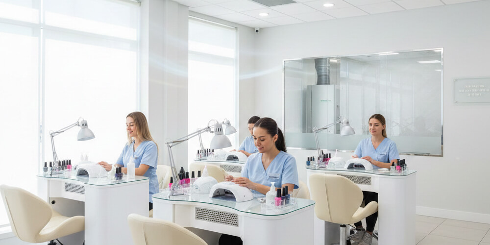 Nail salon interior showing HVAC ventilation system and manicure stations